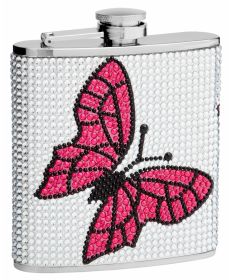 Genuine Rhinestones Hip Flask Holding 6 oz - Butterfly Design - Pocket Size