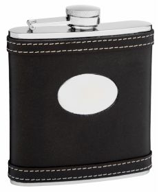 Leather Hip Flask Holding 6 oz - White Accent Stitching Design - Pocket Size