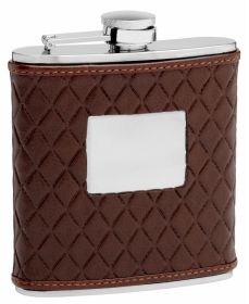 Leather Hip Flask Holding 6 oz - Quilted Pattern Design - Pocket Size