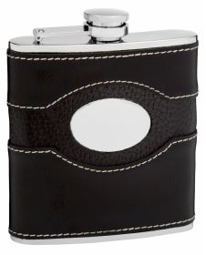 Genuine Black Leather Hip Flask Holding 6 oz - Pocket Size