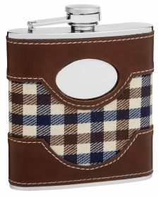 Faux Leather and Cloth Hip Flask Holding 6 oz - Plaid Golf Design - Pocket Size