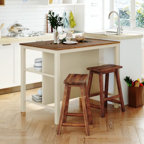 Solid Wood Rustic 3-piece 45" Stationary Kitchen Island Set with 2 Seatings, Rubber Wood Butcher Block Dining Table Set Prep Table Set with 2 Open She Solid Wood Rustic 3-piece 45" Stationary Kitchen Island Set with 2 Seatings, Rubber Wood Butcher Block Dining Table Set Prep Table Set with 2 Open She