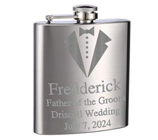 Top Shelf Flasks Personalized Custom Engraved 6oz Stainless Steel Groomsman Tuxedo Flask for Weddings