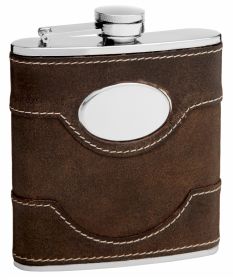 Cow Leather Hip Flask Holding 6 oz - Pocket Size (Option: Stainless Steel Rustproof Screw-On Cap - Black Gift Box Included)